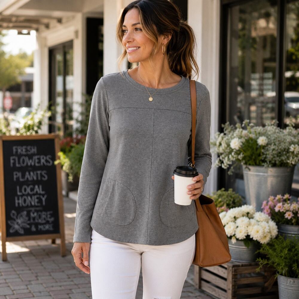 Lolë Gray Cotton Blend Pocket Long Sleeve Top XS